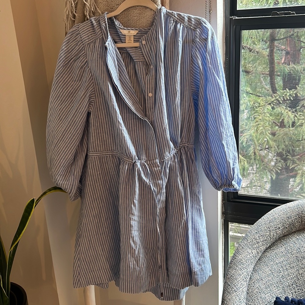 H&M striped linen blend dress with adjustable waist